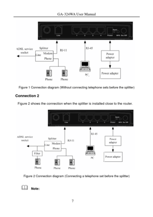 Page 10
GA-324WA User Manual 
 
Figure 1 Connection diagram (Without connecting telephone sets before the splitter) 
Connection 2 
Figure 2 shows the connection when the splitter is installed close to the router. 
 
Figure 2 Connection diagram (Connecting a telephone set before the splitter) 
  Note: 
7  