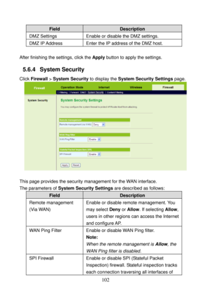 Page 107 
102 
Field Description 
DMZ Settings  Enable or disable the DMZ settings. 
DMZ IP Address  Enter the IP address of the DMZ host. 
 
After finishing the settings, click the Apply button to apply the settings. 
5.6.4   System Security 
Click Firewall > System Security to display the System Security Settings page. 
 
 
This page provides the security management for the WAN interface. 
The parameters of System Security Settings are described as follows:
 
Field Description 
Remote management 
(Via WAN)...