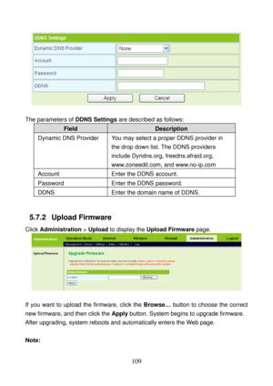 Page 114 
109 
 
 
The parameters of DDNS Settings are described as follows: 
Field Description 
Dynamic DNS Provider  You may select a proper DDNS provider in 
the drop down list. The DDNS providers 
include Dyndns.org, freedns.afraid.org, 
www.zoneedit.com, and www.no-ip.com 
Account Enter the DDNS account. 
Password Enter the DDNS password. 
DDNS   Enter the domain name of DDNS. 
 
5.7.2   Upload Firmware 
Click Administration > Upload to display the Upload Firmware page. 
 
 
If you want to upload the...