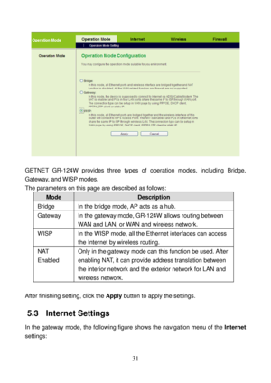 Page 36 
31 
 
 
GETNET GR-124W provides three types of operation modes, including Bridge, 
Gateway, and WISP modes. 
The parameters on this page are described as follows: 
Mode Description 
Bridge  In the bridge mode, AP acts as a hub. 
Gateway  In the gateway mode, GR-124W allows routing between 
WAN and LAN, or WAN and wireless network. 
WISP  In the WISP mode, all the Ethernet interfaces can access 
the Internet by wireless routing. 
NAT 
Enabled Only in the gateway mode can this function be used. After...