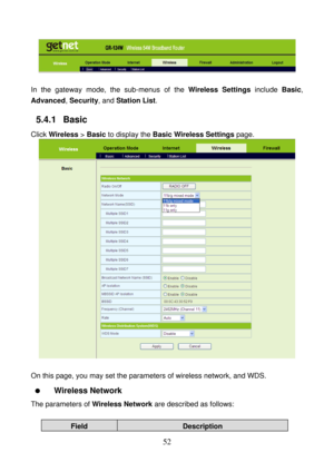 Page 57 
52 
 
 
In the gateway mode, the sub-menus of the Wireless Settings include Basic, 
Advanced, Security, and Station List. 
5.4.1   Basic 
Click Wireless > Basic to display the Basic Wireless Settings page. 
 
 
On this page, you may set the parameters of wireless network, and WDS. 
  Wireless Network 
The parameters of Wireless Network are described as follows: 
 
Field Description  