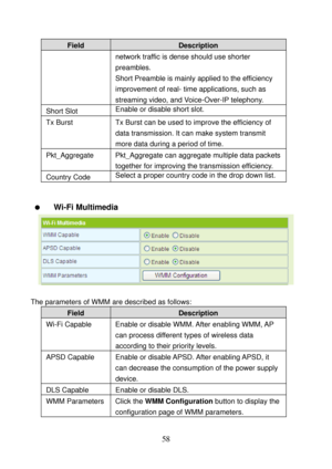 Page 63 
58 
Field Description 
network traffic is dense should use shorter 
preambles. 
Short Preamble is mainly applied to the efficiency 
improvement of real- time applications, such as 
streaming video, and Voice-Over-IP telephony. 
Short Slot Enable or disable short slot. 
Tx Burst  Tx Burst can be used to improve the efficiency of 
data transmission. It can make system transmit 
more data during a period of time. 
Pkt_Aggregate  Pkt_Aggregate can aggregate multiple data packets 
together for improving the...