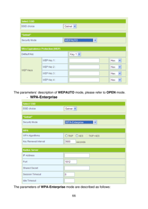 Page 71 
66 
 
 
The parameters’ description of WEPAUTO mode, please refer to OPEN mode. 
- WPA-Enterprise 
 
The parameters of WPA-Enterprise mode are described as follows:  
