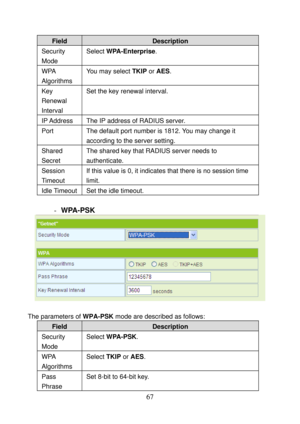 Page 72 
67 
Field Description 
Security 
Mode Select WPA-Enterprise. 
WPA 
Algorithms You may select TKIP or AES. 
Key 
Renewal 
Interval Set the key renewal interval. 
IP Address  The IP address of RADIUS server. 
Port  The default port number is 1812. You may change it 
according to the server setting. 
Shared 
Secret The shared key that RADIUS server needs to 
authenticate. 
Session 
Timeout If this value is 0, it indicates that there is no session time 
limit. 
Idle Timeout  Set the idle timeout. 
 
-...