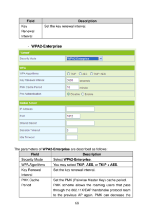 Page 73 
68 
Field Description 
Key 
Renewal 
Interval Set the key renewal interval. 
 
- WPA2-Enterprise 
 
 
The parameters of WPA2-Enterprise are described as follows: 
Field Description 
Security Mode  Select WPA2-Enterprise. 
WPA Algorithms  You may  select TKIP, AES, or TKIP + AES. 
Key Renewal 
Interval Set the key renewal interval. 
PMK Cache 
Period Set the PMK (Pairwise Master Key) cache period. 
PMK scheme allows the roaming users that pass 
through the 802.11X/EAP handshake protocol roam 
to the...