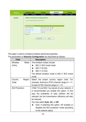 Page 98 
93 
 
 
This page is used to configure wireless advanced properties. 
The parameters of Advance Configuration are described as follows: 
Field Description 
Wireless Mode 
(Infra) The wireless modes include: 
   802.11 B/G mixed mode 
  802.11 B Only 
  802.11 G Only 
The default wireless mode is 802.11 B/G mixed 
mode. 
Country Region 
Code Select the proper country region code. For 
example, America’s (FCC) channel range is 1~11. 
Europe (ETSI) channel range is 1~13. 
B/G Protection  If 802.11b and...