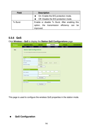 Page 99 
94 
Field Description 
   On: Enable the B/G protection mode. 
   Off: Disable the B/G protection mode. 
Tx Burst  Enable or disable Tx Burst. After enabling this 
option, the transmission efficiency can be 
improved. 
 
5.5.6  QoS 
Click Wireless > QoS to display the Station QoS Configurations page. 
 
 
This page is used to configure the wireless QoS properties in the station mode. 
 
 
 
 
 
  QoS Configuration  