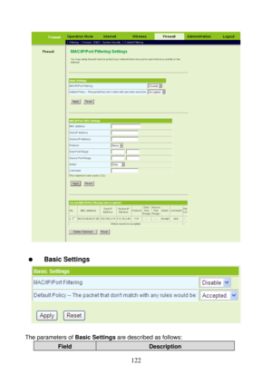 Page 127 
122 
 
 
  Basic Settings 
 
 
The parameters of Basic Settings are described as follows: 
Field Description  