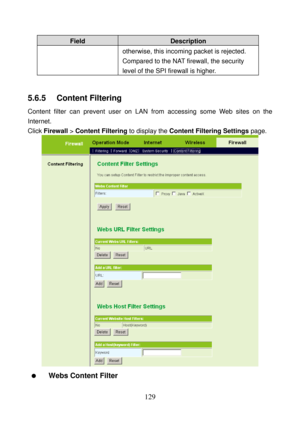 Page 134 
129 
Field Description 
otherwise, this incoming packet is rejected. 
Compared to the NAT firewall, the security 
level of the SPI firewall is higher. 
 
5.6.5   Content Filtering 
Content filter can prevent user on LAN from accessing some Web sites on the 
Internet. 
Click Firewall > Content Filtering to display the Content Filtering Settings page. 
  
  Webs Content Filter  