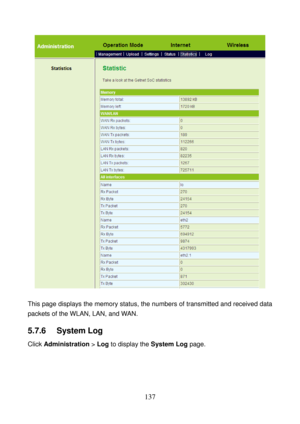 Page 142 
137 
 
 
This page displays the memory status, the numbers of transmitted and received data 
packets of the WLAN, LAN, and WAN. 
5.7.6   System Log 
Click Administration > Log to display the System Log page.  