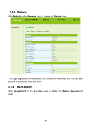 Page 34 
29 
5.1.2   Statistic 
Click Statistic on the Overview page to display the Statistic page. 
 
 
This page displays the memory status, the numbers of transmitted and received data 
packets of the WLAN, LAN, and WAN. 
5.1.3   Management 
Click Management on the Overview page to display the System Management 
page.  