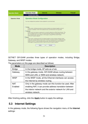 Page 36 
31 
 
 
GETNET GR-534W provides three types of operation modes, including Bridge, 
Gateway, and WISP modes. 
The parameters on this page are described as follows: 
Mode Description 
Bridge  In the bridge mode, AP acts as a hub. 
Gateway  In the gateway mode, GR-534W allows routing between 
WAN and LAN, or WAN and wireless network. 
WISP  In the WISP mode, all the Ethernet interfaces can access 
the Internet by wireless routing. 
NAT 
Enabled Only in the gateway mode can this function be used. After...