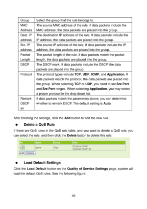 Page 51 
46 
Group  Select the group that the rule belongs to. 
MAC 
Address The source MAC address of the rule. If data packets include the 
MAC address, the data packets are placed into the group. 
Dest. IP 
address The destination IP address of the rule. If data packets include the 
IP address, the data packets are placed into the group. 
Src. IP 
address The source IP address of the rule. If data packets include the IP 
address, the data packets are placed into the group. 
Packet 
Length The packet length...