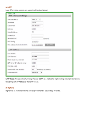 Page 21
(e) L2TP 
Layer 2 Tunneling protocol can support multi-protocol Virtual. 
 
L2TP Mode: The Layer two Tunneling Protocol (L2TP) is a method for implementing virtual private network. 
Server: Specify IP Address of the L2TP Server. 
 
(f) BigPond 
BigPond is an Australian internet service provider and is a subsidiary of Telstra.  