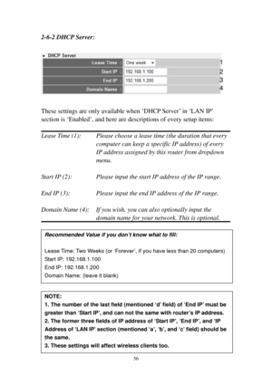 Page 6356 
2-6-2 DHCP Server: 
 
 
 
These settings are only available when ‘DHCP Server’ in ‘LAN IP’ 
section is ‘Enabled’, and here are descriptions of every setup items: 
 
Lease Time (1):    Please choose a lease time (the duration that every 
computer can keep a specific IP address) of every 
IP address assigned by this router from dropdown 
menu. 
 
Start IP (2):      Please input the start IP address of the IP range. 
 
End IP (3):       Please input the end IP address of the IP range. 
 
Domain Name...