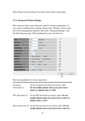 Page 7669 
effect (Please wait for about 30 seconds while router is rebooting). 
 
 
2-7-2 Advanced Wireless  Settings 
 
This router provides some advanced control of wireless parameters, if 
you want to configure these settings, please click ‘Wireless’ menu on the 
left of web management interface, then click ‘Advanced Settings’, and 
the following message will be displayed on your web browser: 
 
 
 
Here are descriptions of every setup items: 
 
Fragment  Set the Fragment threshold of wireless radio....