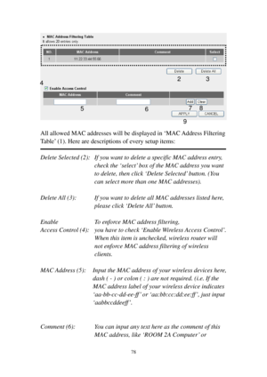 Page 8578 
 
 
All allowed MAC addresses will be displayed in ‘MAC Address Filtering 
Table’ (1). Here are descriptions of every setup items: 
 
Delete Selected (2):   If you want to delete a specific MAC address entry, 
check the ‘select’ box of the MAC address you want 
to delete, then click ‘Delete Selected’ button. (You 
can select more than one MAC addresses). 
 
Delete All (3):    If you want to delete all MAC addresses listed here, 
please click ‘Delete All’ button. 
 
Enable      To enforce MAC address...