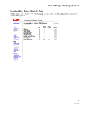 Page 38
Access the Management and Diagnostic Console
36
Broadband Link - Detailed Statistics Page
The Broadband Link – Detailed DSL Statistics page shows a set of cumulative DSL statistics associated 
with the 2Wire gateway. 