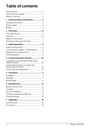 Page 22Philips · PPX 4835
Table of contents
Dear customer  ........................................................... 3
About this user manual  ........................................... 3
What's in the box  ...................................................... 3
1 General safety information .................. 4
Setting up the device ............................................... 4
Power supply  ............................................................. 4
Repairs...