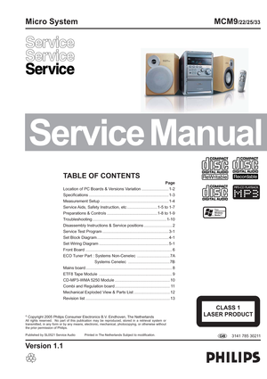Page 1
MCM9/22/25/33
© Copyright 2005 Philips Consumer Electronics B.V. Eindhoven, The NetherlandsAll rights reserved.  No part of this publication may be reproduced, sto\
red in a retrieval system or 
transmitted, in any form or by any means, electronic, mechanical, photoc\
opying, or otherwise without 
the prior permission of Philips.
Published by SL0521 Service Audio  Printed in The Netherlands Subject to modiﬁ cation.
GB  3141 785 30211 
Micro System
TABLE OF CONTENTS
 Page
Location of PC Boards & Versions...