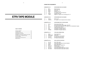 Page 42ETF8 TAPE MODULE
9-19-1
CONNECTORS ASSIGNMENTS:
CONNECTOR 1701INTERCONNECTION TO AF BOARD
1 REC-L Record input left
2 REC-R Record input right
3 GND A AF  Ground
4 TAPE-L Playback output left
5 +12V D.C. supply (+12V) for AF electronics
6 TAPE-R Playback output right
7 -CMOS Negative d.c. supply (-9V) for controlling JFET J111
CONNECTOR 1703INTERCONNECTION TO AF BOARD
1 GND M Motor Ground
2 +MOTOR D.C. supply (+12V) for tape deck motor & solenoid
CONNECTOR 1706INTERCONNECTION TO FRONT BOARD
1 CR_IN Deck...