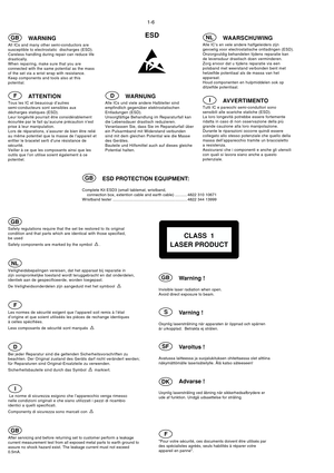 Page 61-6
GBWARNING
All ICs and many other semi-conductors are
susceptible to electrostatic  discharges (ESD).
Careless handling during repair can reduce life
drastically.
When repairing, make sure that you are
connected with the same potential as the mass
of the set via a wrist wrap with resistance.
Keep components and tools also at this
potential.
FATTENTION
Tous les IC et beaucoup d’autres
semi-conducteurs sont sensibles aux
décharges statiques (ESD).
Leur longévité pourrait être considérablement
écourtée...