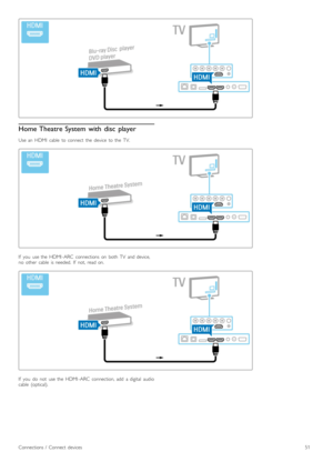 Page 51Home Theatre System  with  disc  player
Use  an   HDMI   cable   to  connect   the   device   to  the   TV.
If   you   use  the   HDMI -ARC   connections   on   both  TV   and  device,
no   other   cable   is  needed.   If   not,  read  on.
If   you   do   not   use  the   HDMI -ARC   connection,  add   a  digital   audio
cable   (optical).
Connections  /   Connect  devices51 