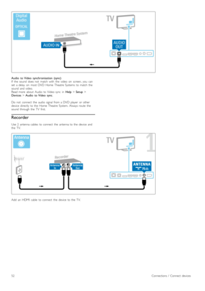 Page 52Audio   to  Video   synchronisation   (sync)
If   the   sound   does  not   match  with   the   video   on   screen,  you   can
set   a  delay   on   most  DVD  Home  Theatre  Systems   to  match  the
sound   and  video.
Read  more   about   Audio  to  Video  sync   in  Help > Setup  >
Devices  > Audio   to  Video   sync .
Do   not   connect   the   audio   signal  from  a  DVD  player   or  other
device   directly   to  the   Home  Theatre  System.  Always  route   the
sound   through  the   TV...