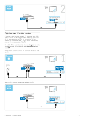 Page 53Digital receiver  / Satellite  receiver
If   you   use  a  digital   receiver   to  watch   TV   (a  set   top   box  -  STB)
and  you   do   not   use  the   remote   control   of   the   TV,   then  switch
off   the   automatic  switch   off.  This   will   prevent   the   TV   from
switching   off   automatically  after   a  4   hour  period   without   a  key
press   on   the   remote   control   of   the   TV.
To   switch   off   the   automatic  switch   off,  press   the  green  key  while
you...