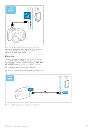 Page 59If   the   list   with   the   content   of   the   camera  does  not   appear
automatically,   your   camera  might  need  to  be  set   to  transfer  its
content   with   PTP   (Picture   Transfer   Protocol).  Read  the   user
manual   of   the   digital   photo   camera.
Camcorder
Connect  a  camcorder   to  the   side  or  back   of   the   TV.   You   can
use  an   HDMI,  YPbPr   or  SCART  connection.  If   your   camcorder
only  has   Video  (CVBS)   and  Audio  L/R  output,   use  a Video...