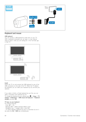 Page 60Keyboard and mouse
USB  keyboard
You   can   connect   a USB   keyboard  to  enter  text   on   your   TV.
With   a  keyboard  connected,  you   can   type   in   a  new   channel
name   or  type   in   what   you   are   looking   for   in   the   YouTube   app
in   Net  TV.
Install
Switch   the   TV   on   and  connect   the   USB   keyboard  to  one  of   the
USB   connections   on   the   side  of   the   TV.   When   the   TV   detects
the   keyboard,   you   can   select  your   keyboard  lay -out...