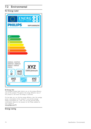 Page 747.2Environmental
EU Energy Label
EU  Energy  label
The  European  Energy  Label  informs   you   on   the   energy  efficiency
class  of   this   product.   The  greener   the   energy  efficiency   class  of
this   product  is,   the   lower   the   energy  it   consumes.
On  the   label,  you   can   find  the   energy  efficiency   class,   the   average
power   consumption  of   this   product  in   use  and  the   average
energy  consumption  for   1   year.   You   can   also  find  the   power...