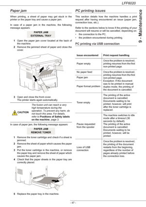 Page 51LFF6020
- 47 -
9 - Maintenance
Paper jam
When printing, a sheet of paper may get stuck in the 
printer or the paper tray and cause a paper jam.
In case of a paper jam in the machine, the following 
message appears:
1Open the paper jam cover located at the back of 
the machine. 
2Remove the jammed sheet of paper and close the 
cover. 
3Open and close the front cover. 
The printer starts again automatically.
In case of paper jam, the following message appears: 
1Remove the toner cartridge and check if a...