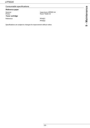 Page 54LFF6020
- 50 -
9 - Maintenance
Consumable specifications
Reference paper 
Toner cartridge
Specifications are subject to changes for improvement without notice. Scanner : Inapa tecno SPEED A4
Printer : Ricoh T6200 A4
Reference PFA821
PFA822
Downloaded From ManualsPrinter.com Manuals 