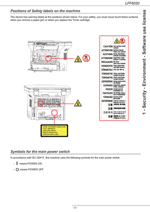 Page 7LFF6020
- 3 -
1 - Security - Environment - Software use license
Positions of Safety labels on the machine
The device has warning labels at the positions shown below. For your safety, you must never touch these surfaces 
when you remove a paper jam or when you replace the Toner cartridge.
Symbols for the main power switch
In accordance with IEC 60417, this machine uses the following symbols for the main power switch:
- means POWER ON.
- means POWER OFF.
Downloaded From ManualsPrinter.com Manuals 