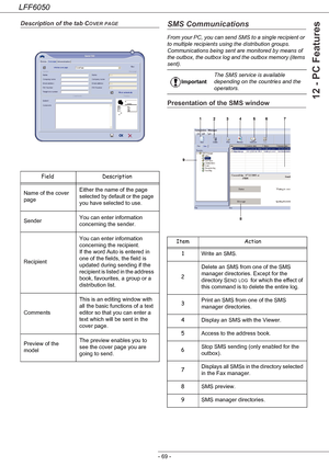 Page 74LFF6050
- 69 -
12 - PC Features
Description of the tab COVER PAGESMS Communications 
From your PC, you can send SMS to a single recipient or 
to multiple recipients using the distribution groups.
Communications being sent are monitored by means of 
the outbox, the outbox log and the outbox memory (items 
sent).
Presentation of the SMS window
Field Description
Name of the cover 
pageEither the name of the page 
selected by default or the page 
you have selected to use.
SenderYou can enter information...