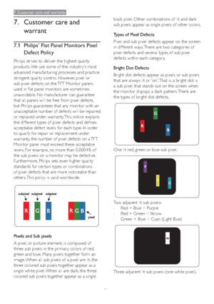 Page 2826
7. Customer care and warranty
7. Customer care and 
warrant
7.1 Philips’ Flat Panel Monitors Pixel 
Defect Policy
Philips strives to deliver the highest quality 
products. We use some of the industr y's most 
advanced manufacturing processes and practice 
stringent quality control. However, pixel or 
sub pixel defects on the TFT Monitor panels 
used in flat panel monitors are sometimes 
unavoidable. No manufacturer can guarantee 
that all panels will be free from pixel defects, 
but Philips...