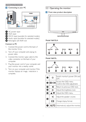 Page 75
2. Setting up the monitor
Connecting to your PC
5
  AC power input
  VGA input
  DVI-D input (available for selected models)
  Audio input (available for selected models)
  Kensington anti-theft lock
Connect to PC
1. Connect the power cord to the back of 
the monitor firmly.
2. Turn off your computer and unplug its 
power cable.
3. Connect the monitor signal cable to the  
video connector on the back of your 
computer.
4. Plug the power cord of your computer and 
your monitor into a nearby outlet.
5....