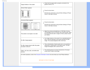 Page 13
Troubleshooting
Image vibrates on the screen
l     Check that the signal cable is properly connected to the 
graphics board or PC.
 
Vertical flicker appears
l     Press the Auto button. 
l     
Eliminate the vertical bars using the More Settings of Phase/
Clock in OSD Main Controls.
 
Horizontal flicker appears
l     Press the Auto button. 
l     
Eliminate the vertical bars using the More Settings of Phase/
Clock in OSD Main Controls.
 
The screen is too bright or too dark
l     Adjust the contrast...