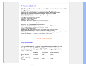 Page 19
Regulatory Information
CE Declaration of Conformity
Philips Consumer Electronics declare under our responsibility that the p\
roduct is in conformity with the 
following standards  
- EN60950-1:2001 (Safety requirement of Information Technology Equipmen\
t)  
- EN55022:1998 (Radio Disturbance requirement of Information Technology\
 Equipment)  
- EN55024:1998 (Immunity requirement of Information Technology Equipmen\
t)  
- EN61000-3-2:2000 (Limits for Harmonic Current Emission)  
- EN61000-3-3:1995...