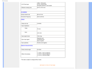 Page 32
Product Information
• LCD Panel type 1280 x 1024 pixels 
R.G.B. vertical stripe  
Anti-glare polarizer, hard coated
 
• Effective viewing area
337.9 x 270.3 mm
 
SCANNING
Vertical refresh rate56 Hz-76 Hz
Horizontal Frequency 30k Hz-83 kHz
VIDEO
• Video dot rate140 MHz
• Input impedance
- Video 75 ohm
- Sync 2.2K ohm
• Input signal levels 700m Vpp
• Sync input signal Separate sync
  
Composite sync 
Sync on green
 
• Sync polarities
Positive and negative
Optical characteristics 
• Peak contrast angle6...