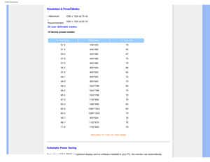 Page 33
Product Information
Resolution & Preset Modes
• Maximum1280 x 1024 at 75 Hz 
• 
Recommended 1280 x 1024 at 60 Hz
24 user definable modes  
19 factory preset modes:
H. freq (kHz) Resolution V. freq (Hz)
31.5 720*400 70
31.5 640*480 60
35.0 640*480 67
37.9 640*480 73
37.5 640*480 75
35.2 800*600 56
37.9 800*600 60
48.1 800*600 72
46.9 800*600 75
48.4 1024*768 60
56.5 1024*768 70
60.0 1024*768 75
67.5 1152*864 75
60.0 1280*960 60
63.9 1280*1024 60
80.0 1280*1024 75
49.7 823*624 75
68.7 1152*870 75
71.8...