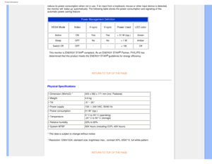 Page 34
Product Information
 reduce its power consumption when not in use. If an input from a keyboar\
d, mouse or other input device is detected, 
the monitor will wake up automatically. The following table shows the \
power consumption and signaling of this 
automatic power saving feature: 
Power Management Definition 
VESA Mode  Video H-sync V-sync Power Used  LED color 
Active ON Yes Yes < 31 W (typ.)Green 
Sleep OFF No No < 1 W Amber 
Switch Off OFF--< 1W Off
This monitor is 
ENERGY STAR® compliant. As an...