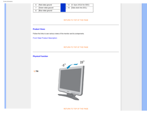 Page 36
Product Information
6 Red video ground14 V. Sync (VCLK for DDC)
7
 Green video ground 15 Data clock line (SCL)
8
 Blue video ground
 
RETURN TO TOP OF THE PAGE
Product Views
Follow the links to see various views of the monitor and its components.\
Front View Product Description
 
RETURN TO TOP OF THE PAGE
Physical Function 
 
 
1) Tilt
 
 
 
 
 
 
 
RETURN TO TOP OF THE PAGE
file:///D|/EDFU/LCD/170C7/manual/english/170c7/product/product.htm (6 o\
f 7)2006-07-28 11:03:04 AM 