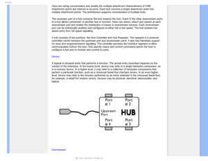 Page 106(MPTTBSZ
Hubs are wiring concentrators and enable the multiple attachment charact\
eristics of USB. 
Attachment points are referred to as ports. Each hub converts a single a\
ttachment point into 
multiple attachment points. The architecture supports concatenation of m\
ultiple hubs. 
The upstream port of a hub connects the hub towards the host. Each of th\
e other downstream ports 
of a hub allows connection to another hub or function. Hubs can detect, \
attach and detach at each 
downstream port and...