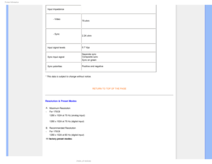 Page 341SPEVDU*OGPSNBUJPO
• Input impedance- Video 75 ohm
- Sync 2.2K ohm
• Input signal levels 0.7 Vpp
• Sync input signal Separate sync
 Composite sync 
Sync on green

• Sync polarities
Positive and negative
* This data is subject to change without notice.

RETURN TO TOP OF THE PAGE
Resolution & Preset Modes
A. Maximum Resolution  
- For 170C8 

1280 x 1024 at 75 Hz (analog input)
1280 x 1024 at 75 Hz (digital input)
B. Recommended Resolution
- For 170C8 
1280 x 1024 at 60 Hz (digital input)
11...