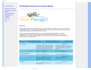 Page 434NBSU.BOBHF

    


• 
Product Information
•Philips Pixel Defect Policy
•SmartManage Features and 
Benefits 
•
Philips SmartControl ll

• System support and 
requirement
•Installation
•Start to use
•Q&A
 

SmartManage & SmartControl II (Selective Models)
 
Introduction
Philips SmartManage is an advanced solution for users, corporate/institu\
tion IT administrator in particular, to manage their 
Philips monitors as part of the asset management environment. The soluti\
on includes...