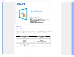 Page 504NBSU.BOBHF
Start to use:
1. First launch –Wizard
µThe first time after installation of SmartControl II, it will automatica\
lly go to Wizard for first time launch.µThe wizard will guide you through adjustment your monitor performance st\
ep by step.µYou can go to Plug-in menu to launch wizard later on as well.µYou can adjust more options without wizard by Standard pane.
Wizard Analog Seguence Wizard Degital Seguence
Resolution  Resolution 
Focus  Contrast
 
Brightness Brightness...