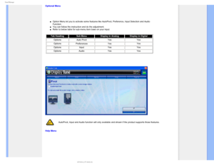 Page 534NBSU.BOBHF
Optional Menu
µOption Menu let you to activate some features like AutoPivot, Preference\
, Input Selection and Audio 
Function.
µYou can follow the instruction and do the adjustment.µRefer to below table for sub-menu item base on your input.
Tab Heading Sub MenuDisplay in Analog Display in Digital
Options Auto Pivot YesYes
Options Preferences
 Yes Yes
Options Input Yes Yes
Options Audio  Yes Yes




AutoPivot, Input and Audio function will only available and shown if the\...