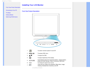 Page 59*OTUBMMJOH:PVS-$%.POJUPS

    

•  Front View Produt Description
• Connecting to Your PC
• The Base 
• Getting Started 
• Optimizing Performance
Installing Your LCD Monitor
Front View Product Description
1To switch monitors power On and Off
2
To access OSD menu
3
To adjust the OSD
4
To adjust brightness of the display
5
Automatically adjust the horizontal position, vertical position, 
phase and clock settings / Return to previous OSD level. 
6
InputTo change the signal input source....